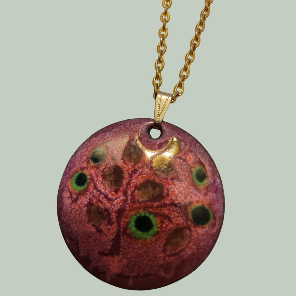 Handmade Necklace Vtg Enamel Copper MCM Round Pendant Boho Purple Blue Gold 54